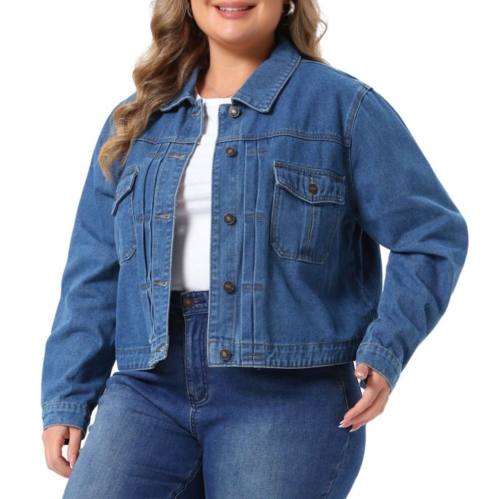 Women Plus Size Long Sleeve Western Outfit Jean Denim Jacket Blue